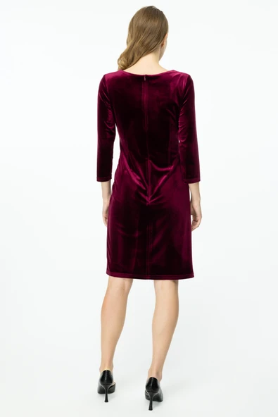 Ekol Kadın Midi Kadife Elbise - 3/4 Kol, Minimalist, Özel Gün - Resim 6