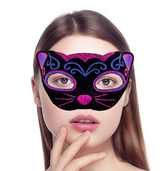 Siyah Kadife Kaplama Üzeri Pembe Mavi Sim İşlemeli Kedi Maskesi 20x13 cm - 2