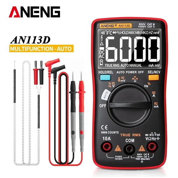 Aneng AN113D Dijital Multimetre  Otomatik Algılama True-Rms NCV Voltmetre Ampermetre AC DC Voltaj Akım Direnç Kapasite Frekans Sıcaklık Diyot Buzzer 6000 - 6
