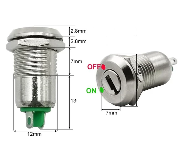 12mm Metal 2 Pin Anahtar Kontrollü Buton  Panel Montaj ON OFF 1A AC 250V Güvenlik Kilit Elektronik Cihaz Makine Başlatma Güç Kontrol Açma Kapama - Resim 8