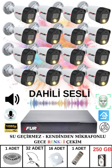 FURY 16 LI Sesli Gece Renkli Görüş Güvenlik Kamerası Su Geçirmez Güvenlik Kamerası Seti 250GB