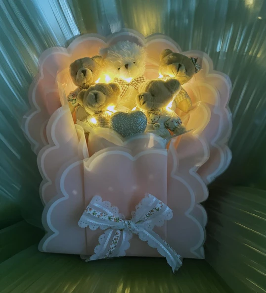 Sole Sevgiliye; Led Peri Işıklı Premium Giysili Yumoş Peluş Ayıcık Buketi - 3