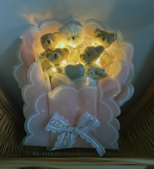 Sole Sevgiliye; Led Peri Işıklı Premium Giysili Yumoş Peluş Ayıcık Buketi - 4