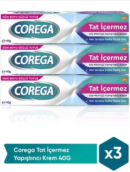 Corega Gün Boyu Güçlü Tutuş Diş Protez Yapıştırıcı Tat İçermez Krem 40 gr 3 Adet