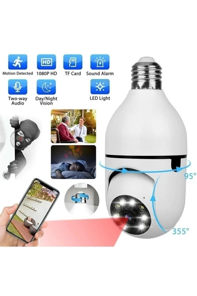 BiNtech Gece Görüşlü 360 Derece Led Işık 1080p Wifi Kamera Kablosuz Panoramik Ev Güvenlik Ampul Kamerası - 2