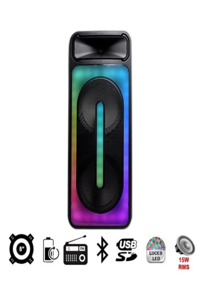 ULTRATEKNO 8"x2 45 WATT Taşınabilir RGB Bluetooth Hoparlör Karaoke Party Box + Kablosuz Mikrofon - 6