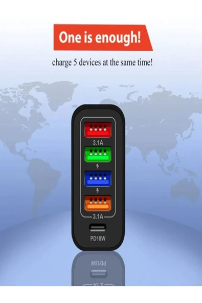 BAYINDIRELEKTRONİK Quick Charge 48W 4 USB + 18W Pd Çoklu Şarj Başlığı Type C Girişli Hızlı Şarj Adaptörü A501-1 - 4