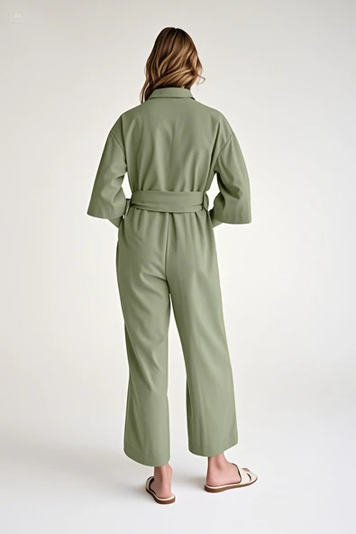 Keten Günlük Tulum Haki Elbise - Resim 2