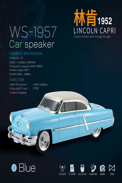 ULTRATEKNO 1952 Lincoln Capri Model Retro Araba Bluetooth Hoparlör Fm Radyo USB Tf Aux Destekli Speaker - 2
