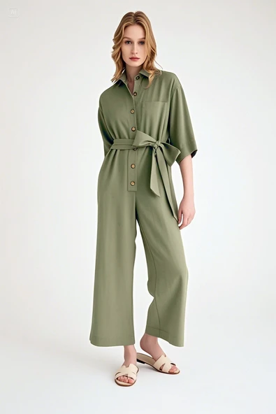 Keten Günlük Tulum Haki Elbise ürün görseli