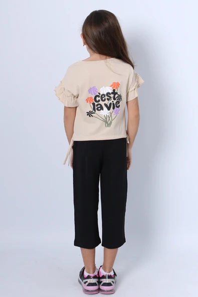 KIZ ÇOCUK İKİLİ TAKIM SIRT BASKILI PÜSKÜLLÜ KOLLARI FIFIRLI F20 - 3