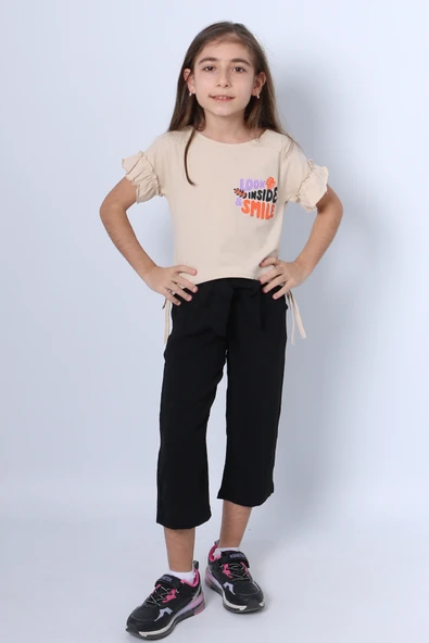 KIZ ÇOCUK İKİLİ TAKIM SIRT BASKILI PÜSKÜLLÜ KOLLARI FIFIRLI F20 - 2