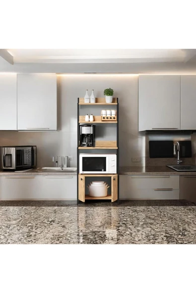 MERVİNG Çok Amaçlı Dolap Mutfak Bangosu Mikrodalga Fırın Mini Fırın Dolabı 2 Kapaklı Dolap Kahve Köşesi - 5