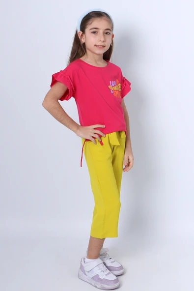 KIZ ÇOCUK İKİLİ TAKIM SIRT BASKILI PÜSKÜLLÜ KOLLARI FIFIRLI F20 - 7