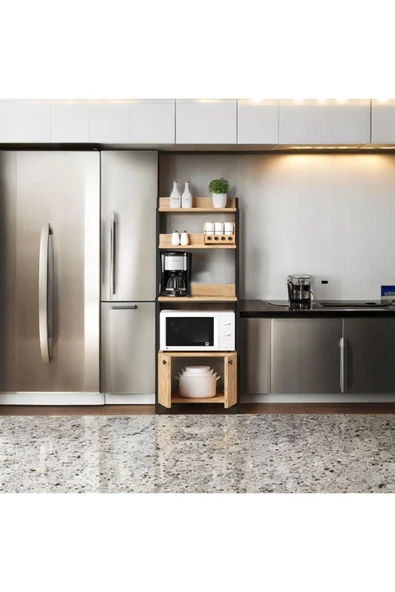 MERVİNG Çok Amaçlı Dolap Mutfak Bangosu Mikrodalga Fırın Mini Fırın Dolabı 2 Kapaklı Dolap Kahve Köşesi - 3