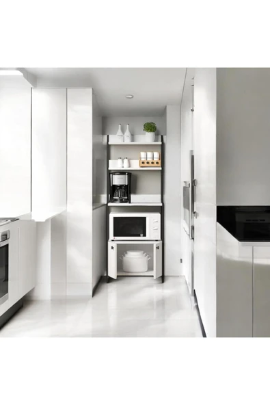 MERVİNG Çok Amaçlı Dolap Mutfak Bangosu Mikrodalga Fırın Mini Fırın Dolabı 2 Kapaklı Dolap Kahve Köşesi - 3