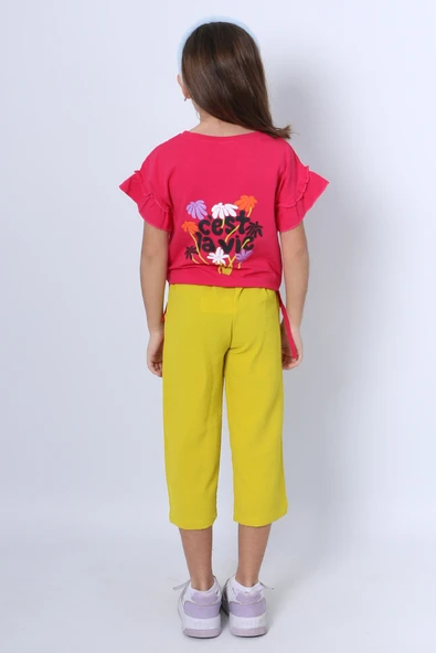 KIZ ÇOCUK İKİLİ TAKIM SIRT BASKILI PÜSKÜLLÜ KOLLARI FIFIRLI F20 - 9