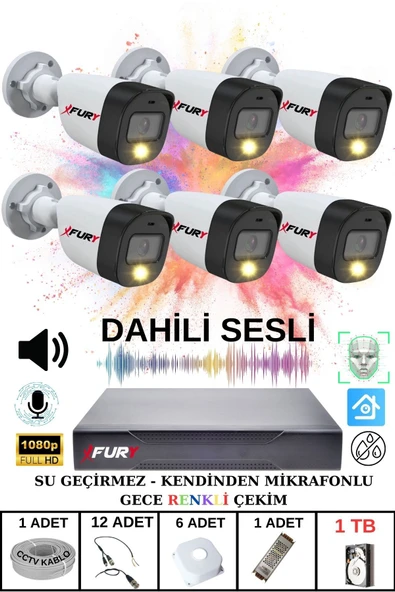 FURY 6 lı Sesli Gece Renkli Görüş Güvenlik Kamerası Su Geçirmez Güvenlik Kamerası Seti 1TB