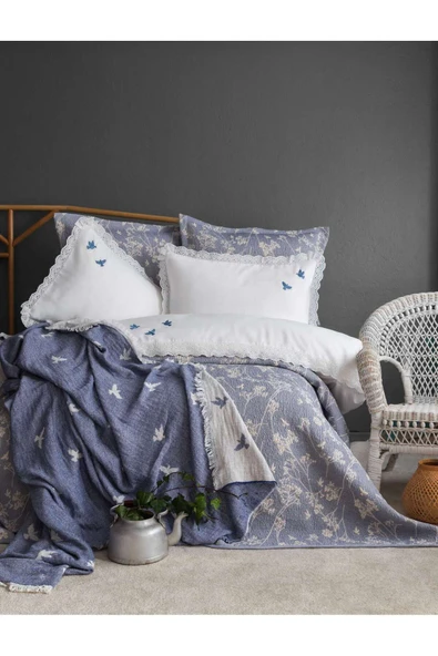 Apricitas HOME Timeless Prime Set Albatros İndigo Çift Kişilik%100 Pamuk Battaniyeli Nevresim Takımı