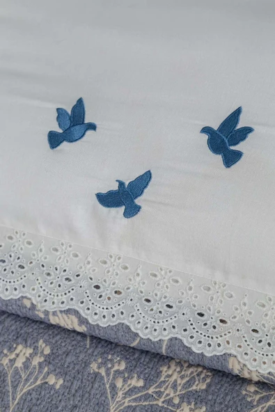 Apricitas HOME Timeless Prime Set Albatros İndigo Çift Kişilik%100 Pamuk Battaniyeli Nevresim Takımı - 2