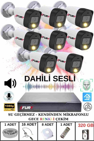 FURY 8 li Sesli Gece Renkli Görüş Güvenlik Kamerası Su Geçirmez Güvenlik Kamerası Seti 320GB