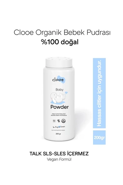 Clooe Organik Bebek Pudrası (200gr) - Organik İçerik, Ferahlatıcı Etki, Hassas Ciltlere Özel