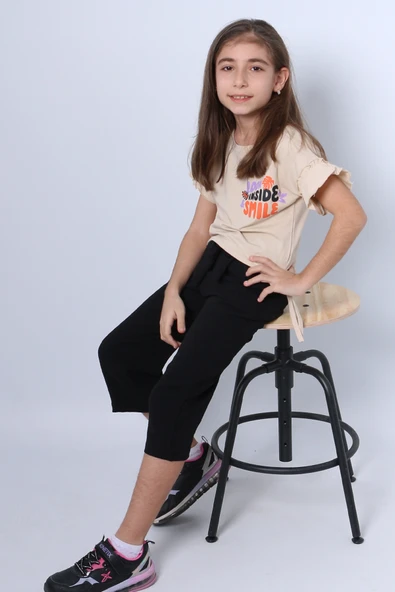 KIZ ÇOCUK İKİLİ TAKIM SIRT BASKILI PÜSKÜLLÜ KOLLARI FIFIRLI F20 - 4