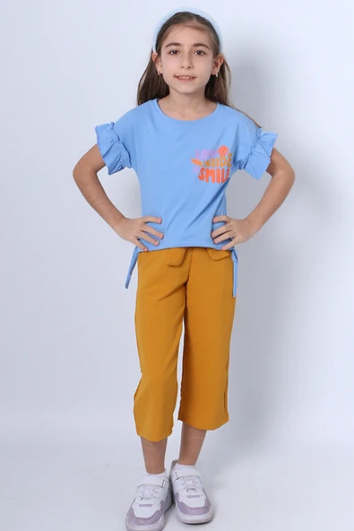 KIZ ÇOCUK İKİLİ TAKIM SIRT BASKILI PÜSKÜLLÜ KOLLARI FIFIRLI F20 - 10