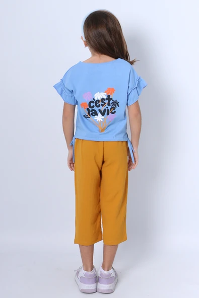 KIZ ÇOCUK İKİLİ TAKIM SIRT BASKILI PÜSKÜLLÜ KOLLARI FIFIRLI F20 - 12