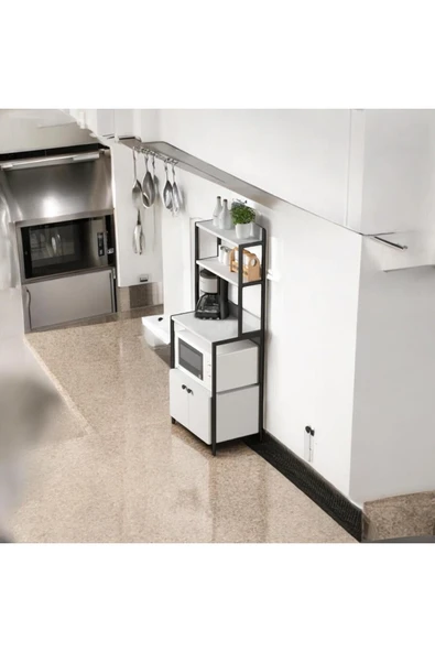 MERVİNG Çok Amaçlı Dolap Mutfak Bangosu Mikrodalga Fırın Mini Fırın Dolabı 2 Kapaklı Dolap Kahve Köşesi