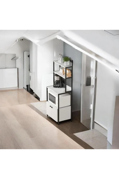 MERVİNG Çok Amaçlı Dolap Mutfak Bangosu Mikrodalga Fırın Mini Fırın Dolabı 2 Kapaklı Dolap Kahve Köşesi - 5