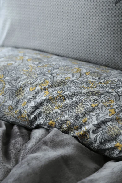 Apricitas HOME Antica Gri Çift Kişilik Battaniyeli %100 Pamuk Nevresim Takımı - 5