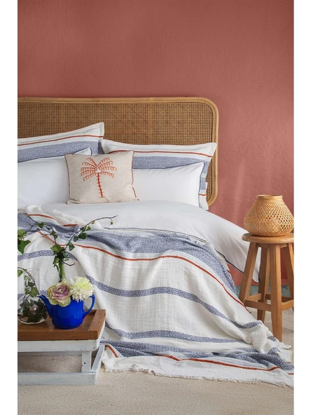 Apricitas Home Cali Indigo Çift Kişilik %100 Pamuk Nevresim Takımı ve Yatak Örtüsü Seti