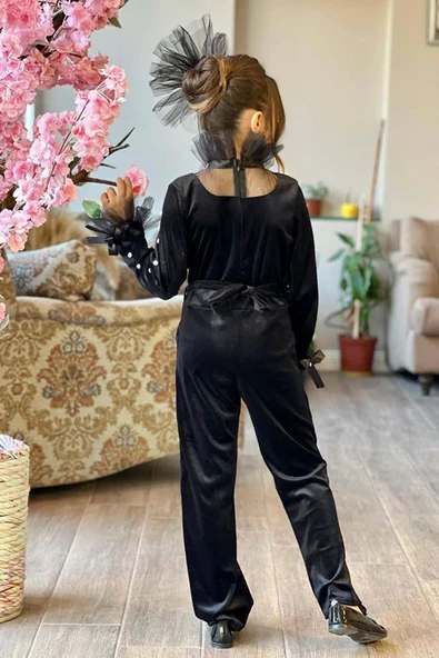 Kız Çocuk Kolları İnci İşlemeli Yakası Tül Detaylı Kare Yaka Kadife Siyah Tulum - Resim 2