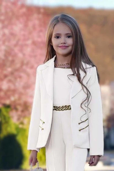 Kız Çocuk Blazer Ceket ve Zincir Detaylı Beyaz Tulum - 3