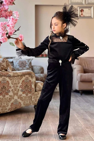 Kız Çocuk Kolları İnci İşlemeli Yakası Tül Detaylı Kare Yaka Kadife Siyah Tulum - Resim 4