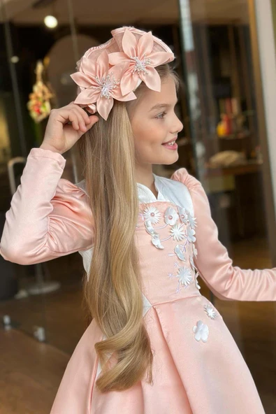 Kız Çocuk Sırtı Fermuar Detaylı Beyaz Renk Göğsü Papatya Detaylı Karpuz Kol Cepli Somon Elbise - Resim 11