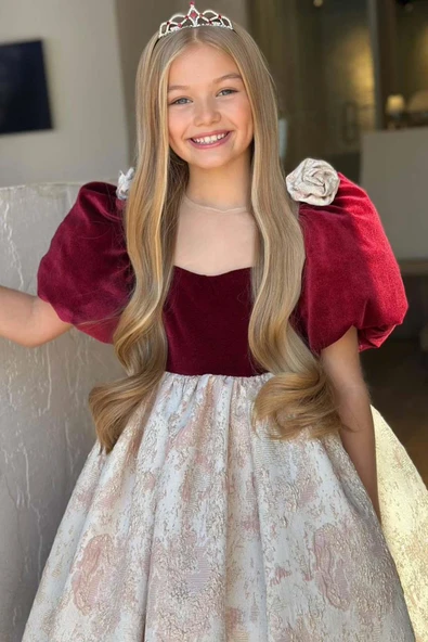 Kız Çocuk Omuzları Gül Detaylı Balon Kollu Eteği Kabartma Detaylı Kadife Uzun Bordo Abiye - Resim 10