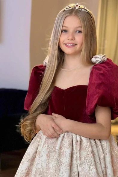 Kız Çocuk Omuzları Gül Detaylı Balon Kollu Eteği Kabartma Detaylı Kadife Uzun Bordo Abiye - Resim 6