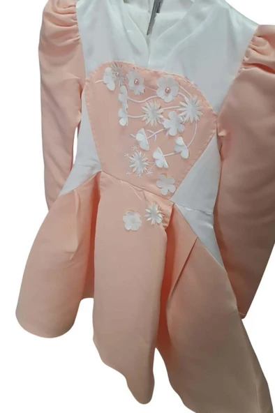 Kız Çocuk Sırtı Fermuar Detaylı Beyaz Renk Göğsü Papatya Detaylı Karpuz Kol Cepli Somon Elbise - Resim 8