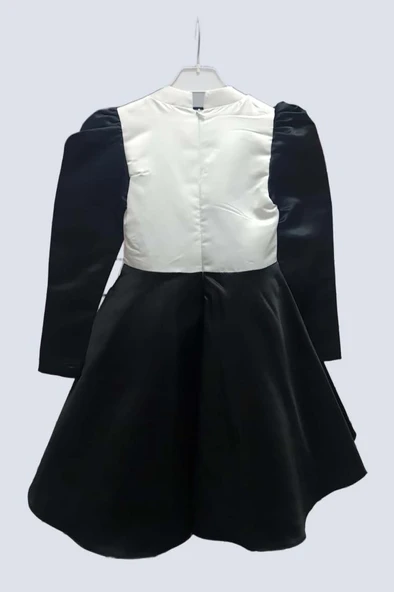 Kız Çocuk Sırtı Fermuar Detaylı Beyaz Renk Göğsü Papatya Detaylı Karpuz Kol Cepli Siyah Elbise - Resim 8