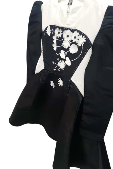 Kız Çocuk Sırtı Fermuar Detaylı Beyaz Renk Göğsü Papatya Detaylı Karpuz Kol Cepli Siyah Elbise - Resim 9