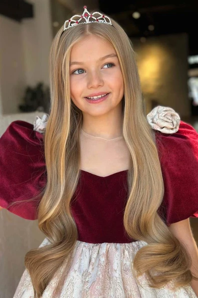 Kız Çocuk Omuzları Gül Detaylı Balon Kollu Eteği Kabartma Detaylı Kadife Uzun Bordo Abiye - Resim 11