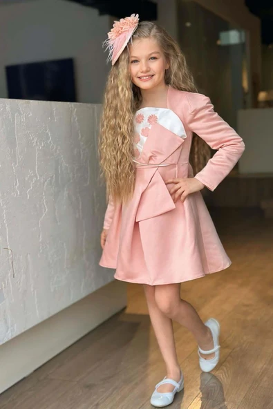 Kız Çocuk Kare Yaka Göğsü Pano Çiçek Asimetrik Kesim Pembe Elbise - 11