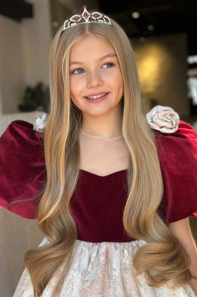 Kız Çocuk Omuzları Gül Detaylı Balon Kollu Eteği Kabartma Detaylı Kadife Uzun Bordo Abiye - Resim 4