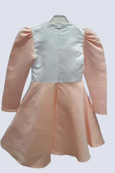 Kız Çocuk Sırtı Fermuar Detaylı Beyaz Renk Göğsü Papatya Detaylı Karpuz Kol Cepli Somon Elbise - Resim 7