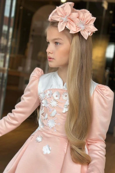 Kız Çocuk Sırtı Fermuar Detaylı Beyaz Renk Göğsü Papatya Detaylı Karpuz Kol Cepli Somon Elbise - Resim 4