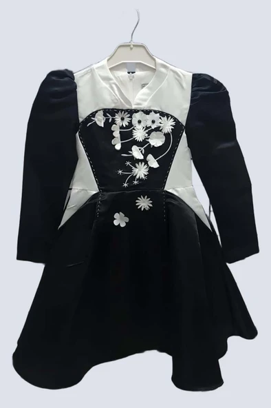 Kız Çocuk Sırtı Fermuar Detaylı Beyaz Renk Göğsü Papatya Detaylı Karpuz Kol Cepli Siyah Elbise - Resim 7