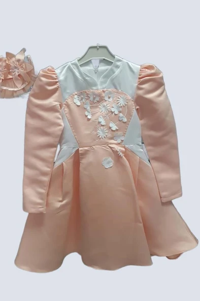 Kız Çocuk Sırtı Fermuar Detaylı Beyaz Renk Göğsü Papatya Detaylı Karpuz Kol Cepli Somon Elbise - Resim 6