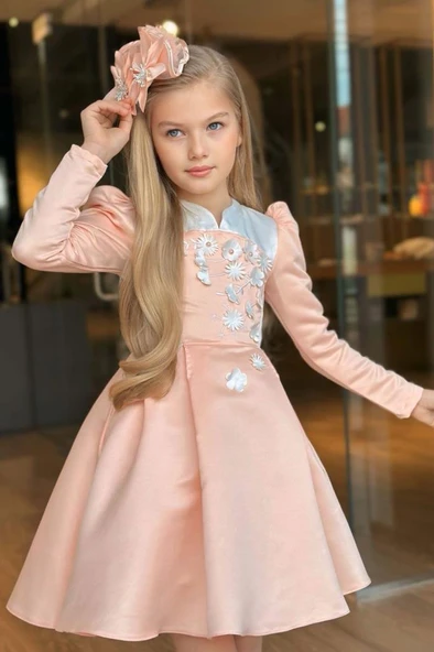 Kız Çocuk Sırtı Fermuar Detaylı Beyaz Renk Göğsü Papatya Detaylı Karpuz Kol Cepli Somon Elbise - Resim 2